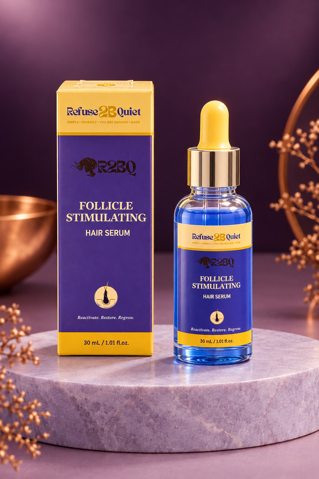 Copper peptide serum with a premium plum and copper background