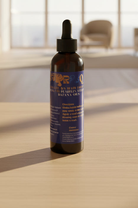 Batana OIL Bottle on counter with a blurred background